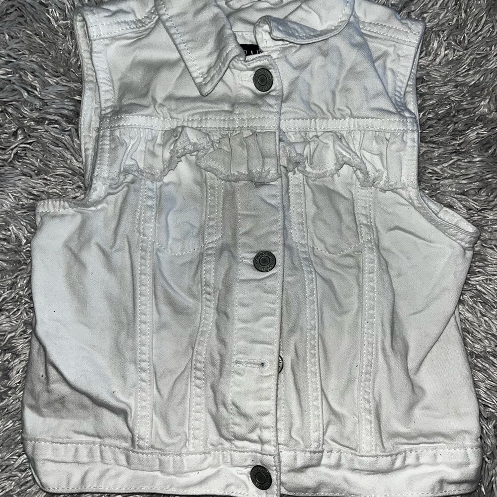 White Sleeveless Denim Vest with Ruffle Detail